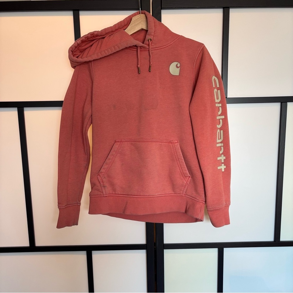Carhartt‎ Hoodie Relaxed Fit SMALL LOGO SLEEVE GRAPHIC Work Distressed Stains!